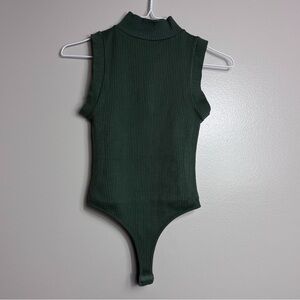 Sleeveless Ribbed Mock Neck One-Piece Bodysuit - Dark Green